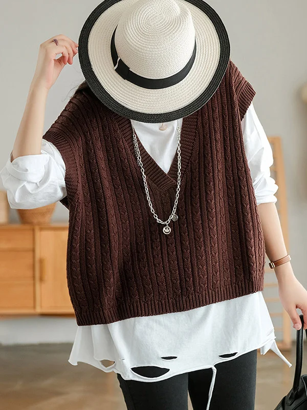 Vintage V-Neck Pure Color Sleeveless Knitting Vest Tops