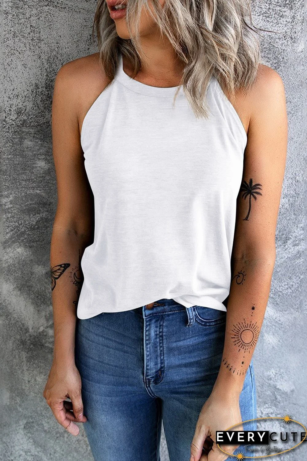White Plain Halter Neck Tank Top