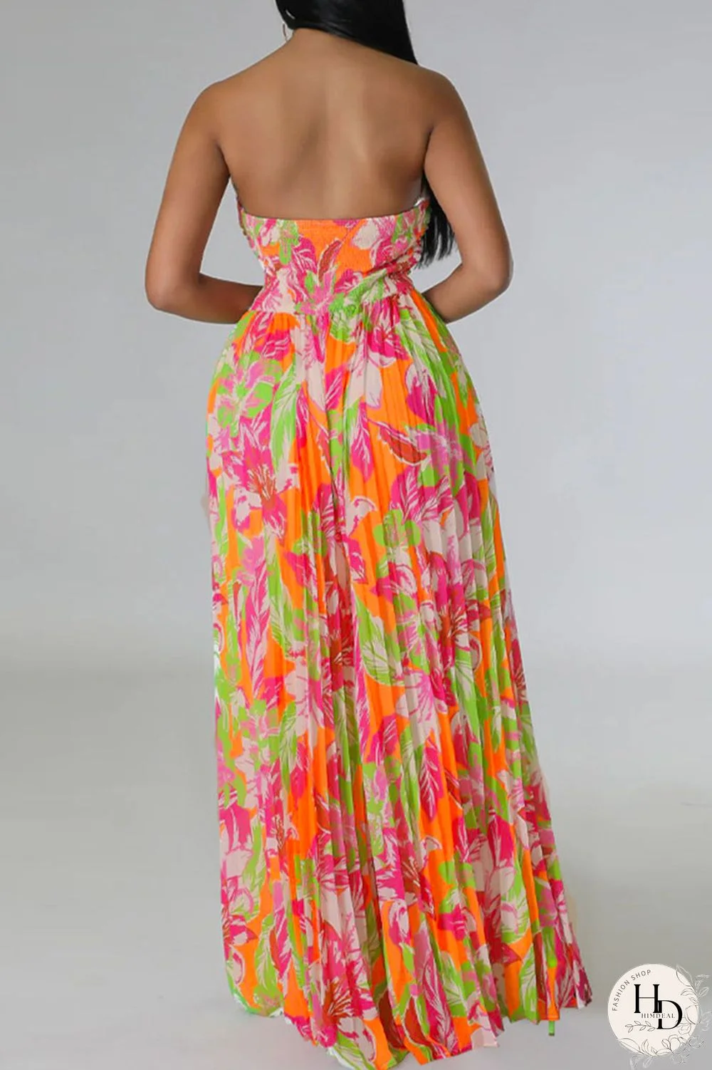 Tangerine Red Sexy Print Patchwork Strapless Straight Jumpsuits