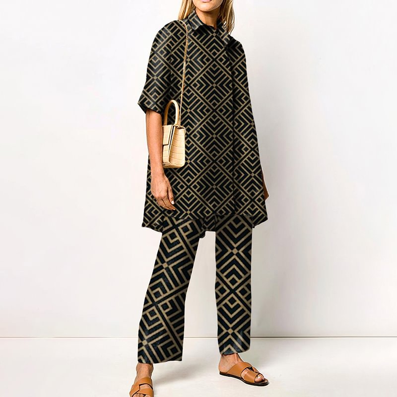 Casual Lapel Geometric Print Short Sleeve Two Piece Set