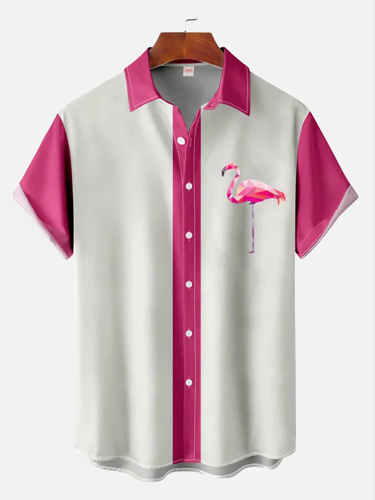 Vintage Flamingo Print Pink Striped Printing Short Sleeve Shirt