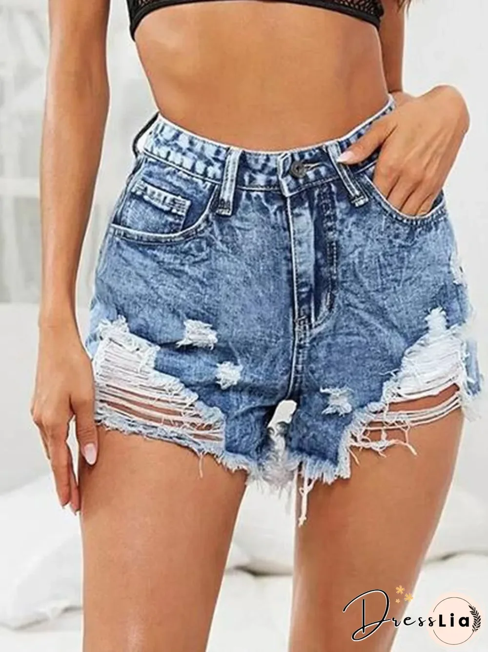 Solid High Waist Ripped Denim Shorts P15147