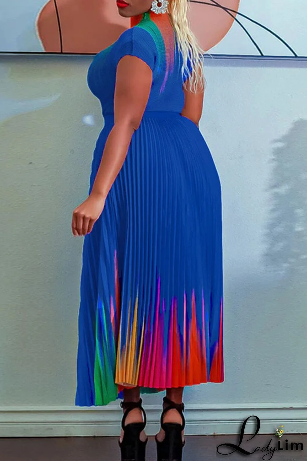 Apricot Casual Elegant Gradual Change Print Patchwork Fold O Neck Short Sleeve Two Pieces