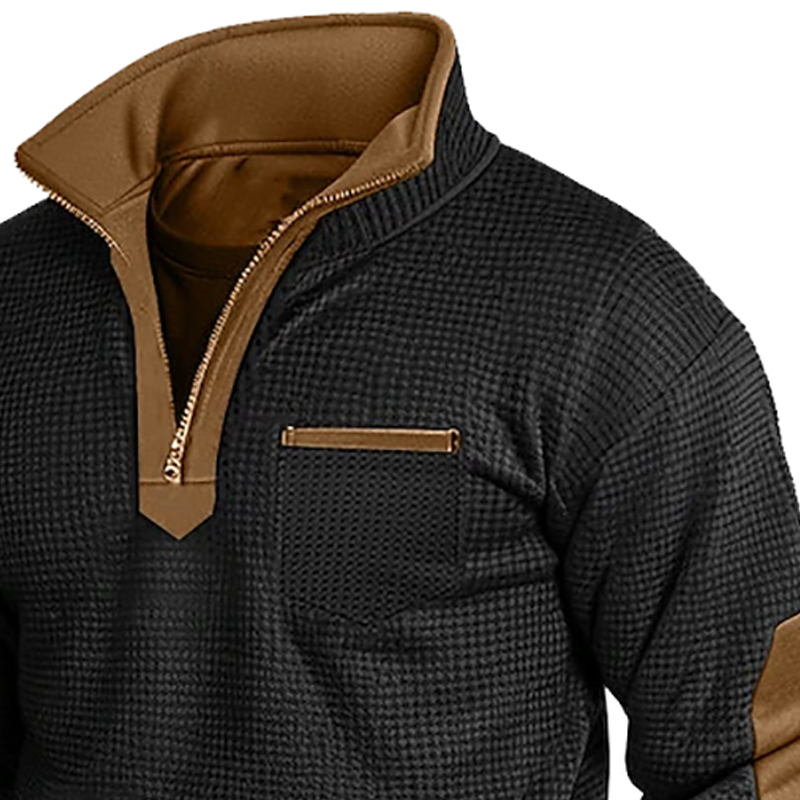 Men's Vintage Waffle Contrast Pocket Quarter Zip Stand Collar Sweatshirt-inspireuse