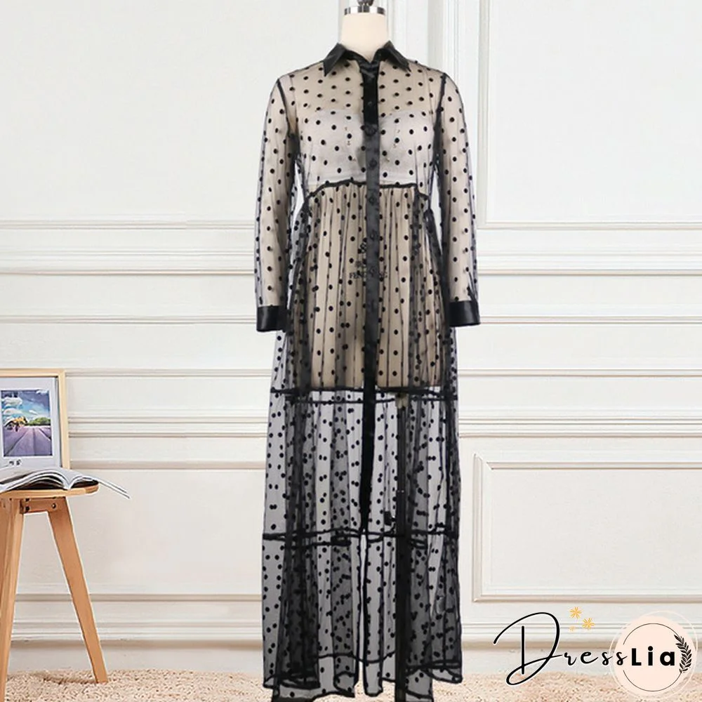 Women Long Mesh Shirt Dress Polka Dot Black Transparent Tulle African Fashion Spring Female Robes Tunic Plus Size