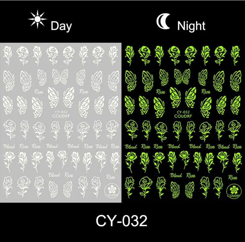 Nail Stickers Back Glue Fluorescent Light Flame Butterfly Moon Love Pattern Designs Nail Decal Decoration Tips For Beauty Salons-Nail Inspo