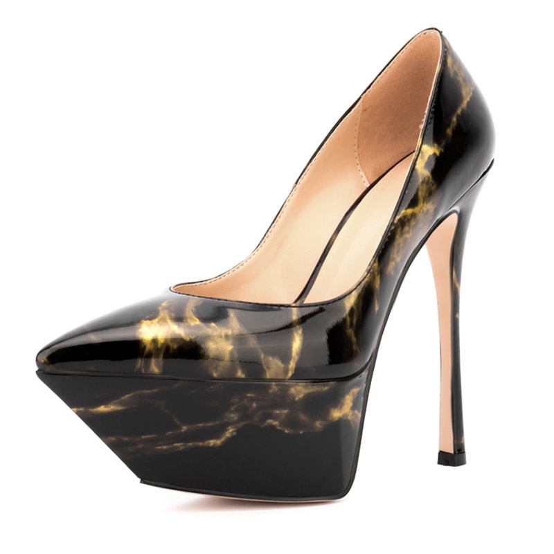 Women's Pointed Toe Black Patent Leather Color Matching Platform Stiletto Sexy Plus size Nightclub Catwalk shoes Novameme