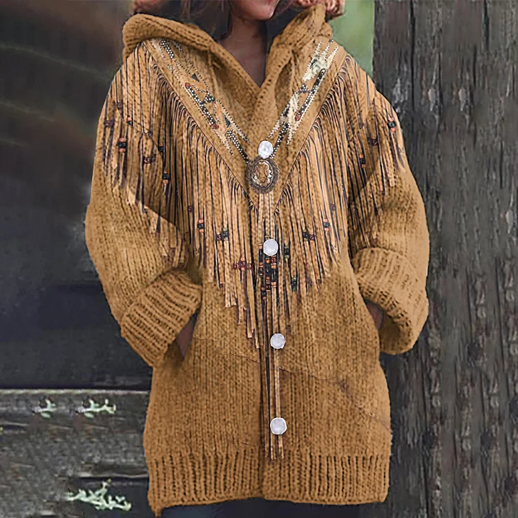 VChics Western Vintage Tribal Tassels Cozy Hooded Cardigan