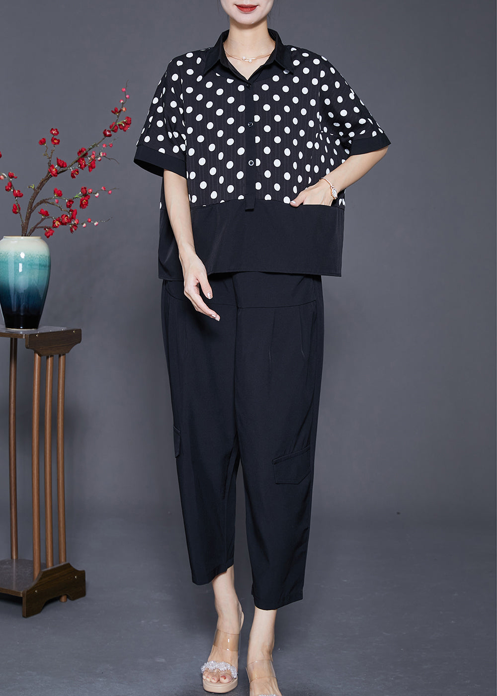 VCSHOES Black Peter Pan Collar Patchwork Circle Print Cotton Two Piece Set Summer