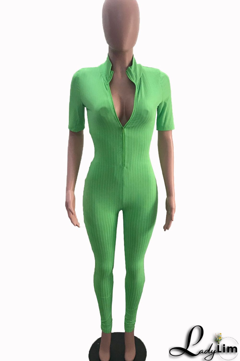 Green Casual Solid Patchwork Zipper Collar Regular Jumpsuits