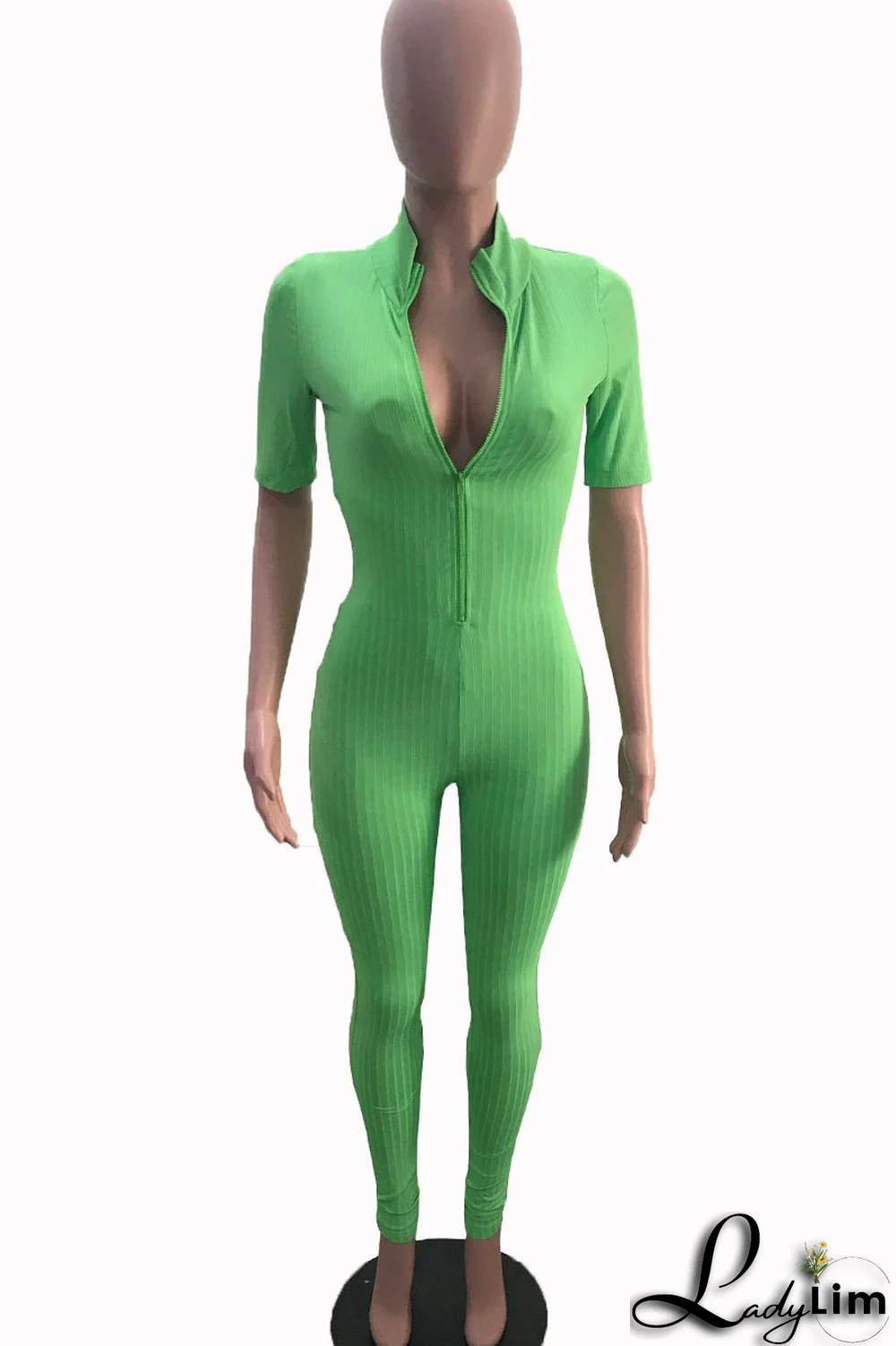 Green Casual Solid Patchwork Zipper Collar Regular Jumpsuits