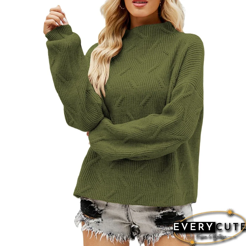 Green Textured Mock Neck Solid Color Sweater