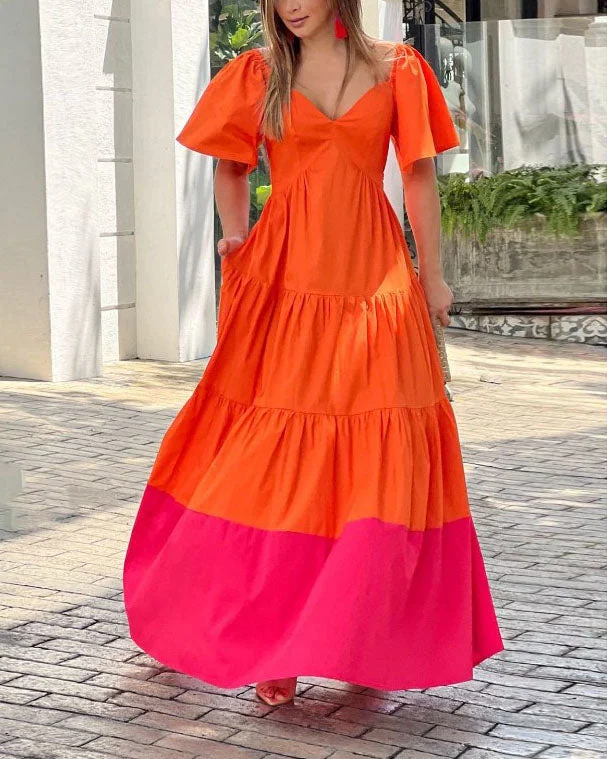 Puff Sleeve Color Patchwork Dress