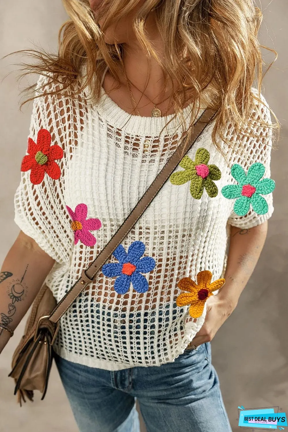 Hollowed Crochet Colorful Flower Loose Knit T Shirt