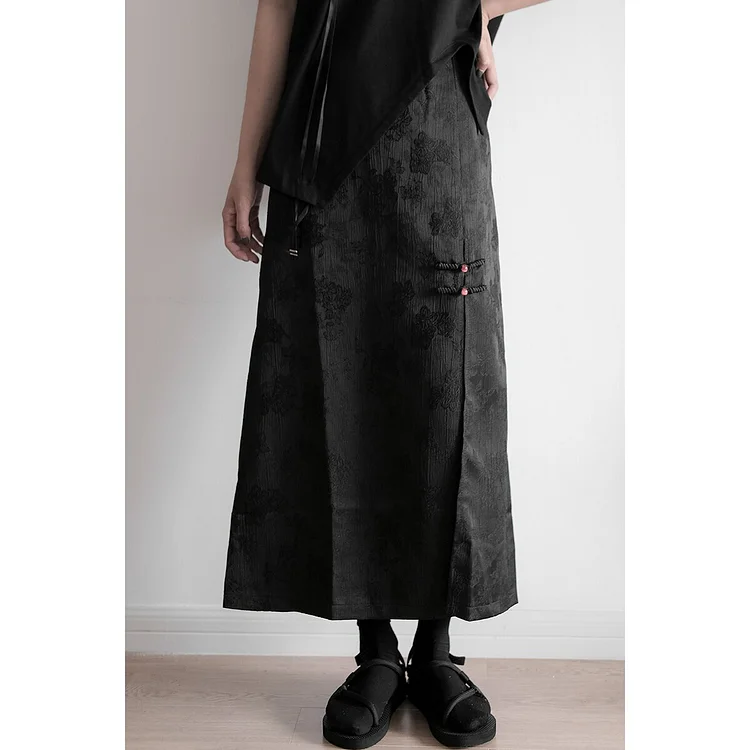 Chinese Style Black Embroidery Split Straight Skirt       
