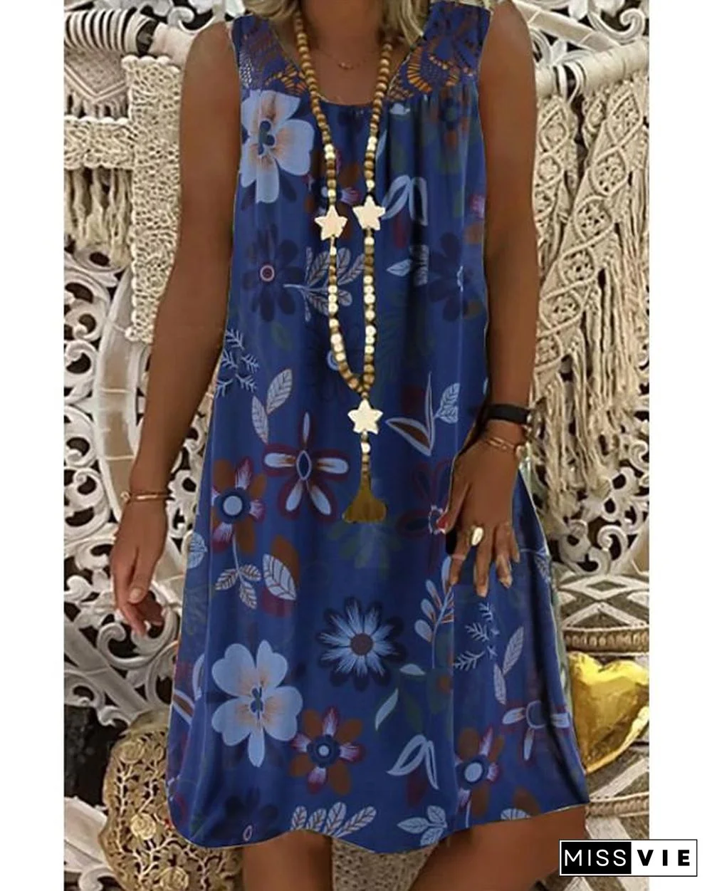 Women's Shift Dress Knee Length Dress - Sleeveless Floral Lace Print Summer Plus Size Mumu Beach Vacation Dress