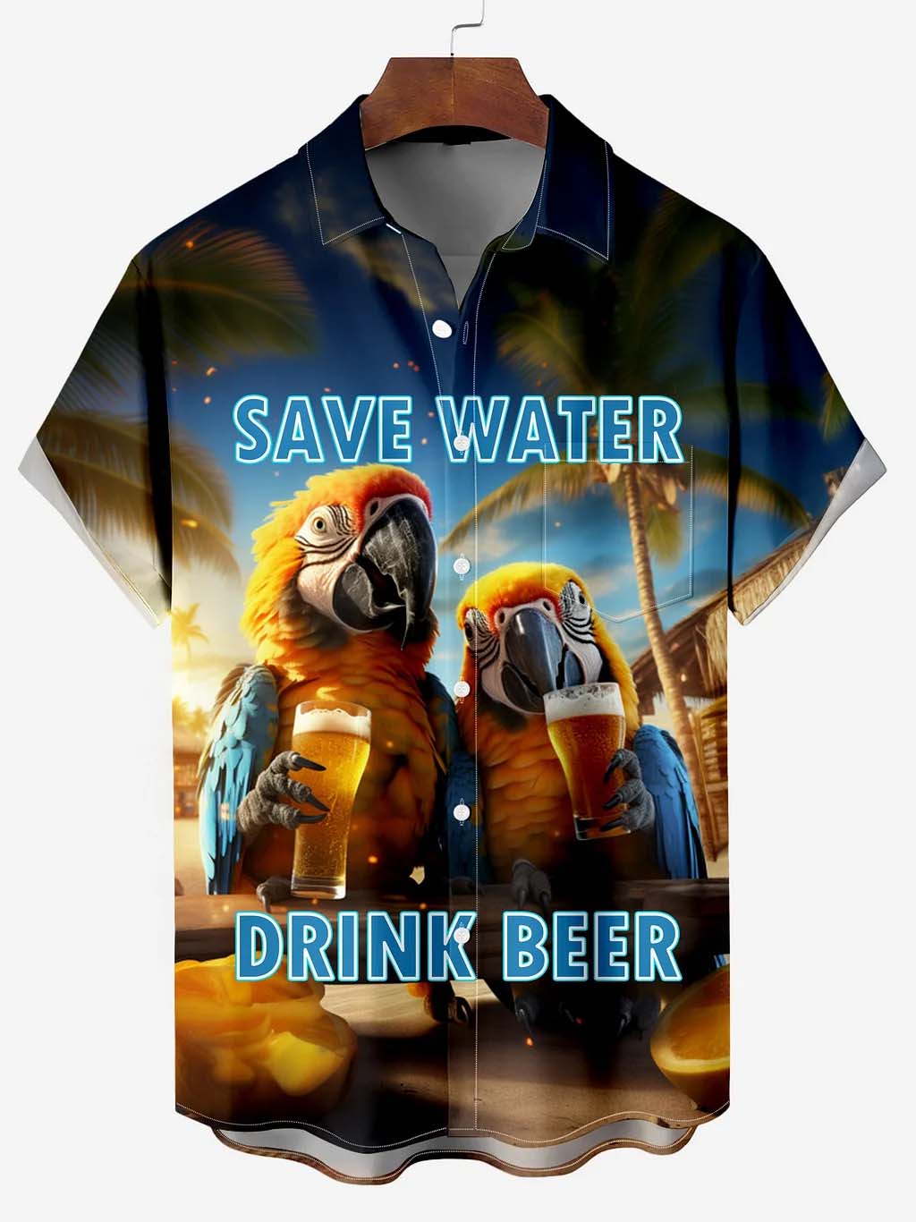 Men's Shirt Collar Parrot Drink Beer Casual Short Sleeve Shirt PLUSCLOTHESMAN