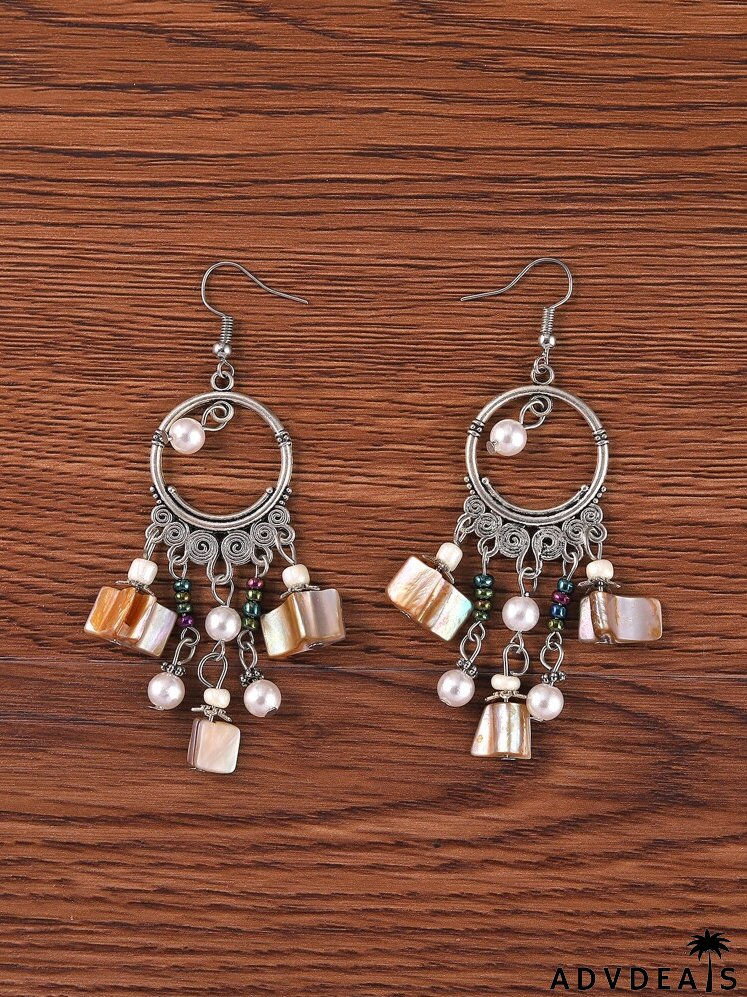 Faux Pearl Decor Bead Tassel Drop Earrings