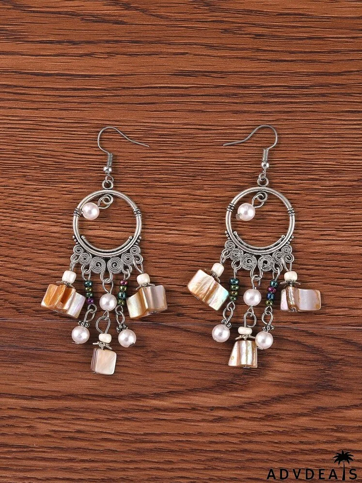 Faux Pearl Decor Bead Tassel Drop Earrings