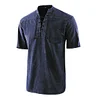 Men Gothic Retro T-Shirt Lace-up V-neck Linen Pocket Short Sleeve Tee Shirt Loose Tops