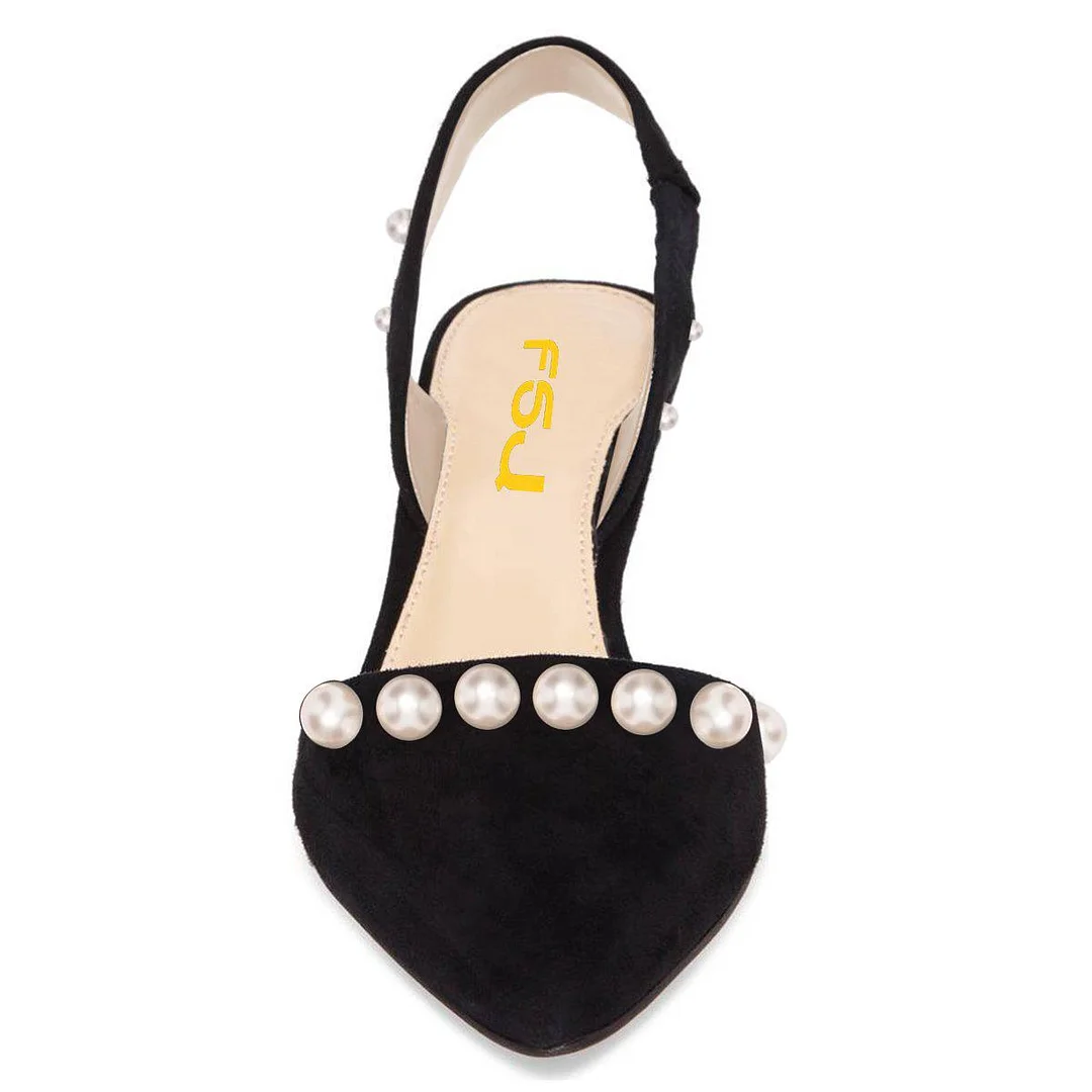 Black Suede Almond Toe Kitten Heel Slingbacks with Classic Pearl