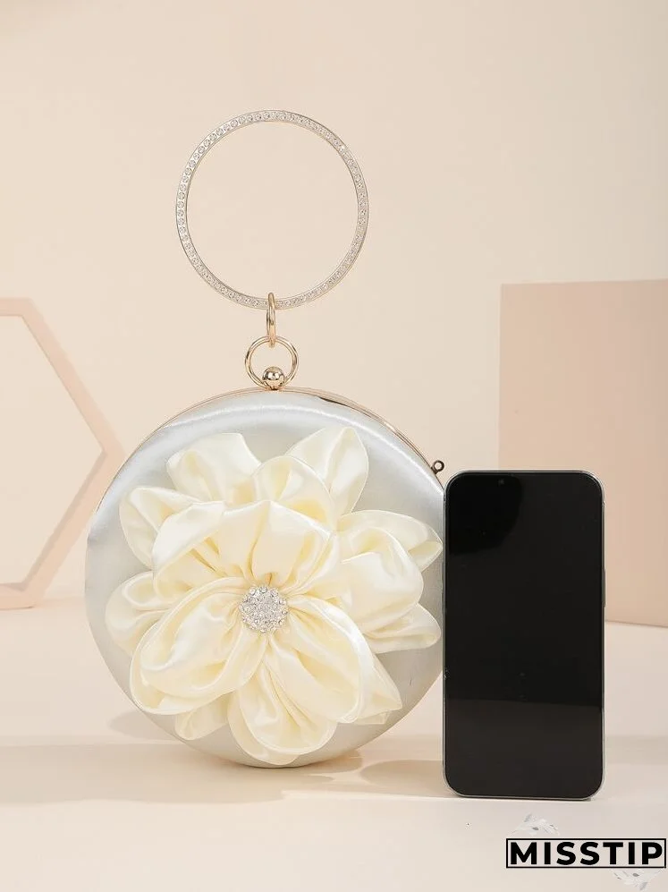 Rhinestone & Flower Decor Ring Handle Design Circle Bag