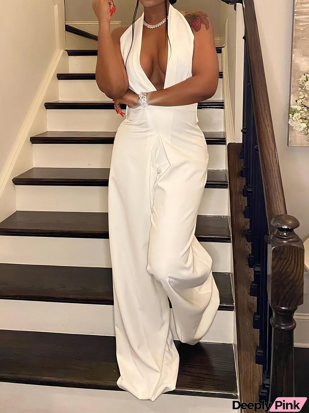 Deep V-Neck Halter Bare Back Jumpsuit