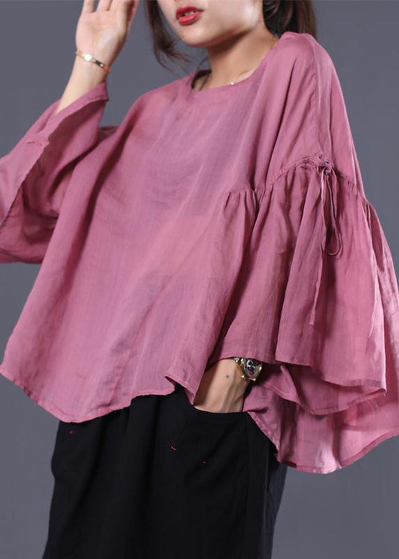 VCSHOES pink linen tunic top ruffles sleeve daily summer tops
