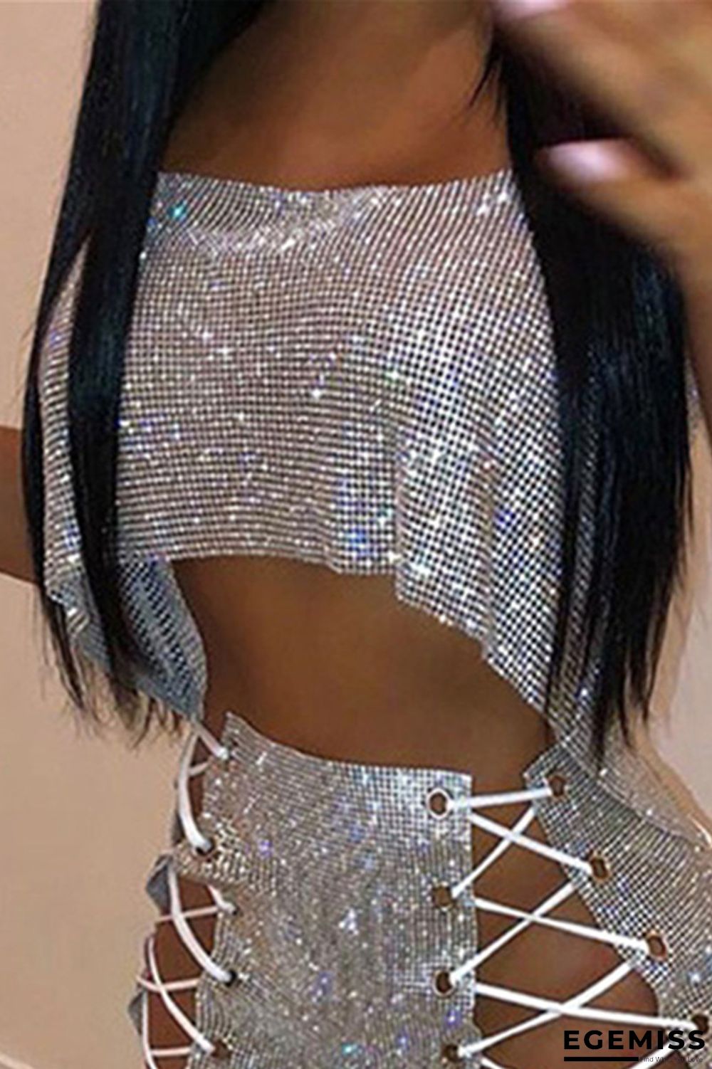 Silver Fashion Sexy Spaghetti Strap Sleeveless Spaghetti Strap Short Solid Tops | EGEMISS