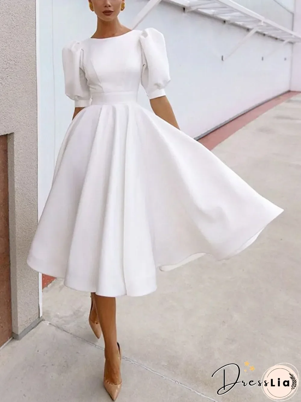 Glam Cutout Back Solid Puff Sleeve Midi dress P12116