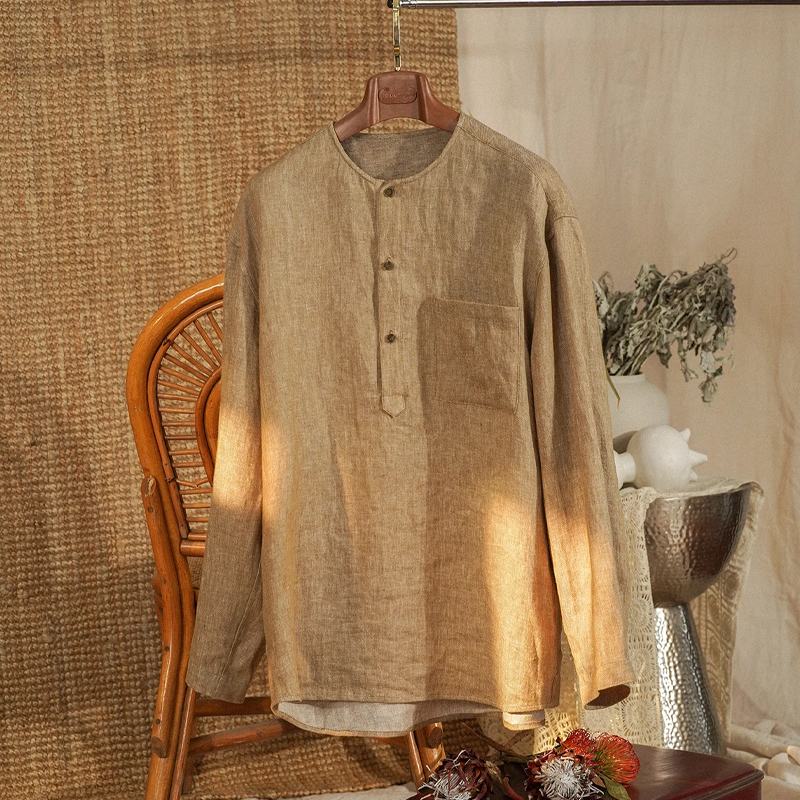 Men's Casual Retro Collarless Half-Open Long-Sleeved Shirt