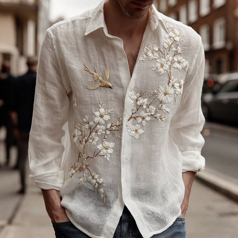 Men's Vintage Floral With Bird Embroidered Art Linen Blend Shirt  artssus