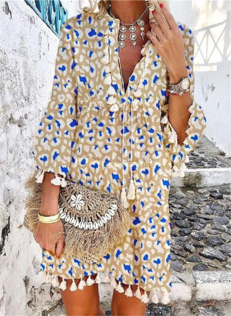 2021 Summer V Neck Tassel Floral Print 3/4 Sleeve Beach Dress