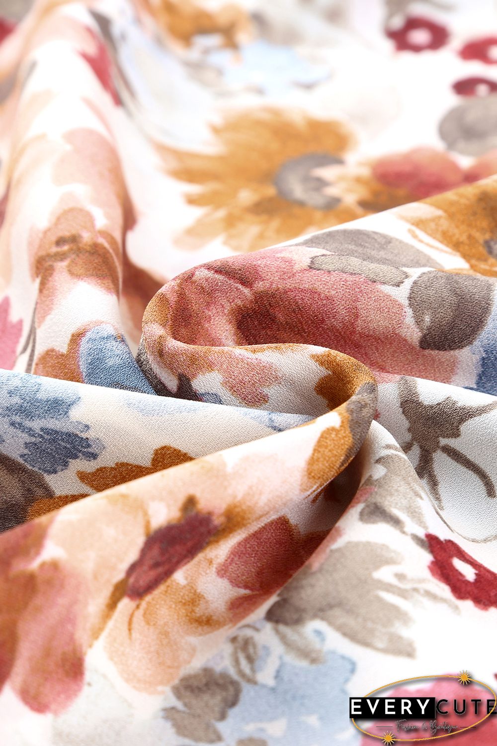 Orange Floral Print Flare Cuff Long Sleeve Blouse