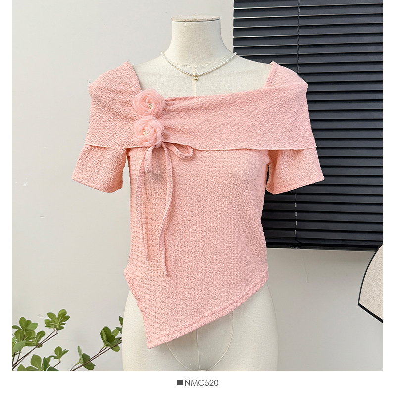 Thepearlpad costumes for women hot French T-shirts Women 2025 Summer New Solid Square Neckline Bow Three-dimensional Flower Tie Niche Irregular Streetwear Top