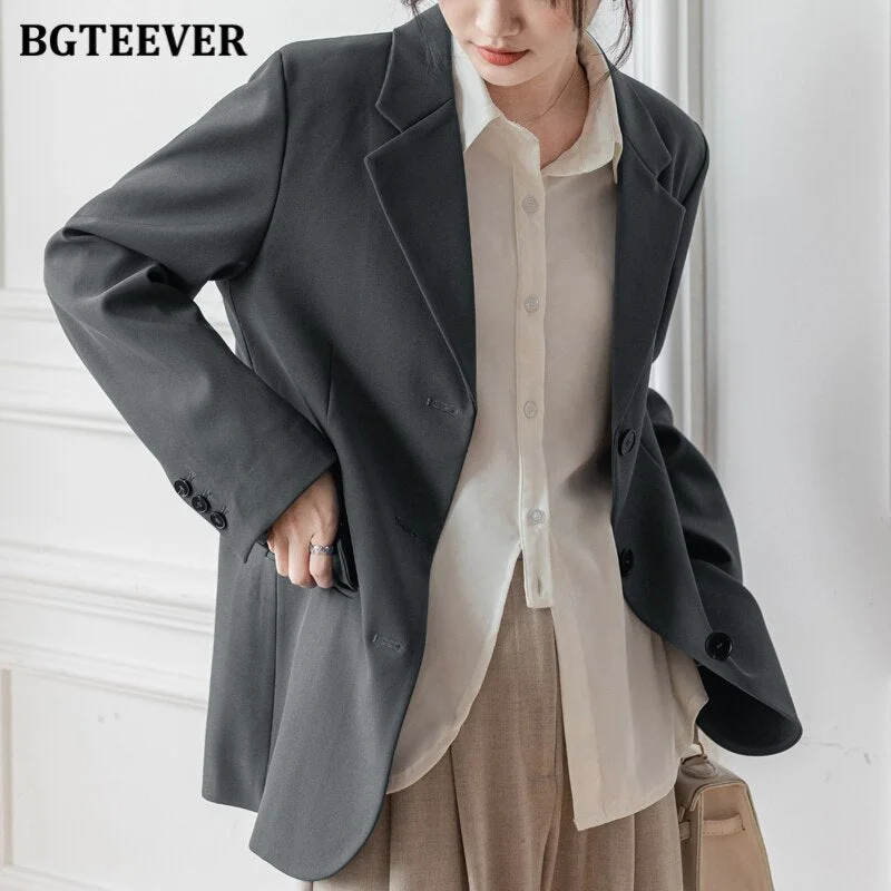 BGTEEVER Elegant Office Ladies Loose Single-breasted Blazer Women Solid Notched Collar Suit Jackets 2021 Spring Outwear Femme