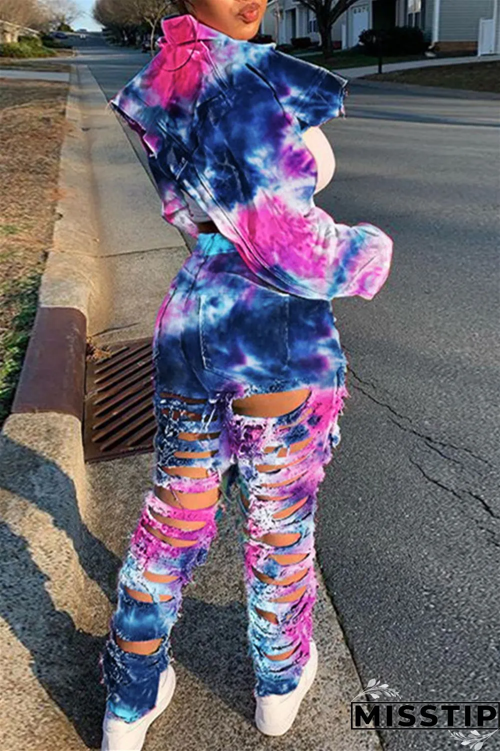 Deep Blue Casual Tie Dye Ripped Turndown Collar Long Sleeve Two Pieces
