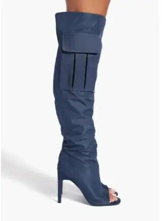 Camouflage Army Green Color Peep Toe Pocket Knee High Boots Women Patchwork Stiletto Thin Heels Long Botas Shoes Lady