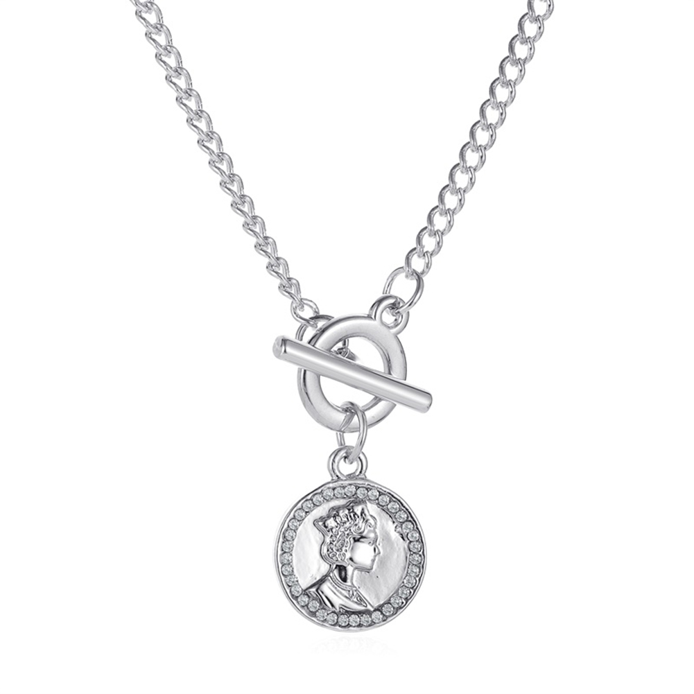 

Retro Round Portrait Rhinestone Necklace Women Metal Buckle Clavicle Chains, Silver, 501 Original