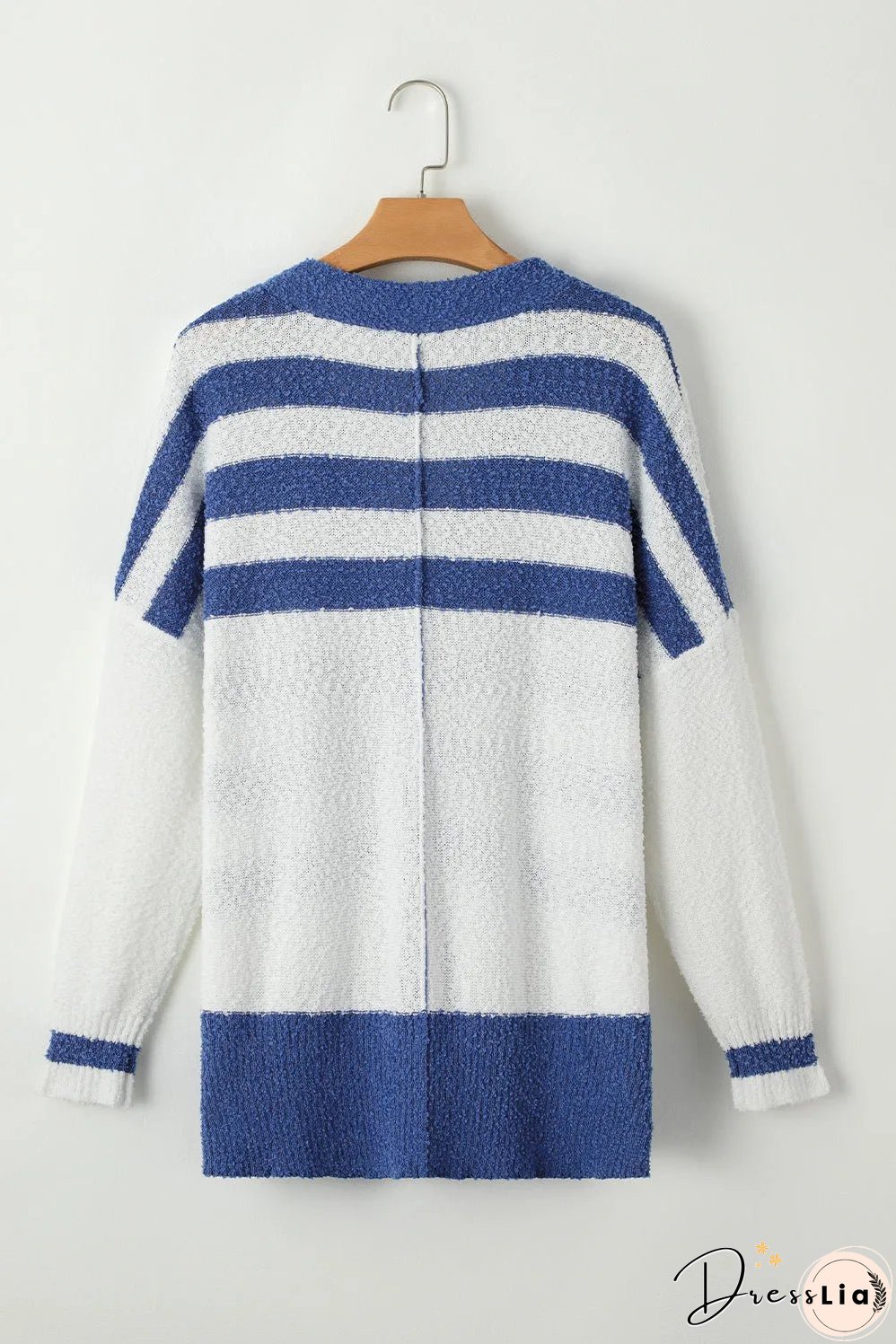 Blue Stripe V Neck Buttoned High Low Sweater Cardigan