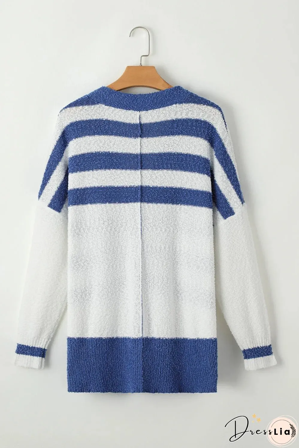 Blue Stripe V Neck Buttoned High Low Sweater Cardigan