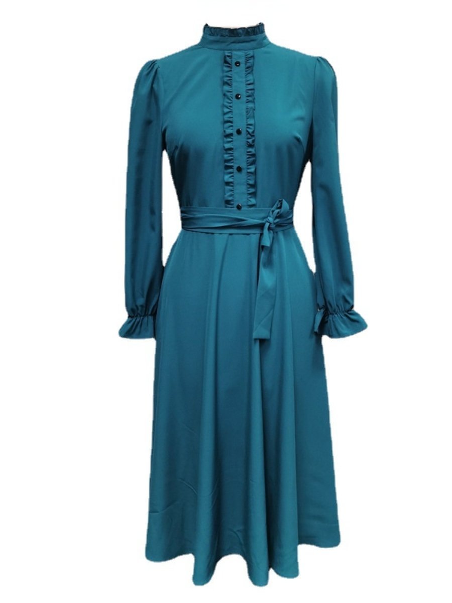 Women's Dresses Stand-up Collar Pleated Single Breasted Long Sleeve Tie-waist Maxi Dress