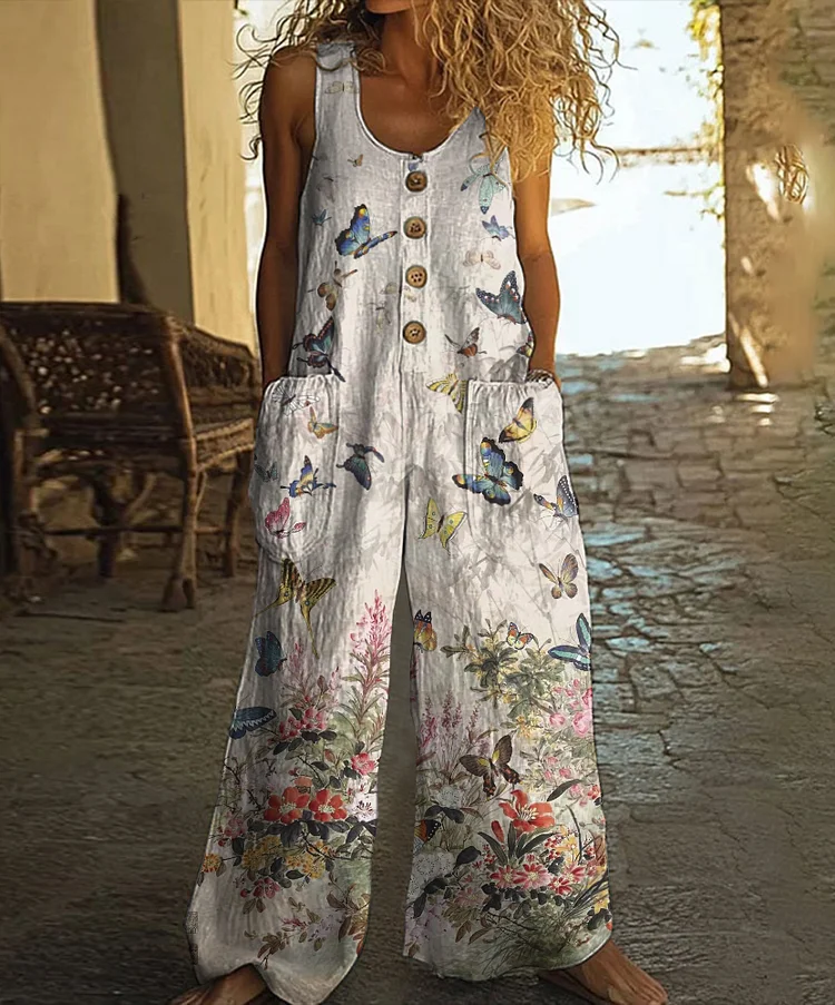 Vintage Butterfly Floral Art Print Casual Wide Leg Jumpsuit