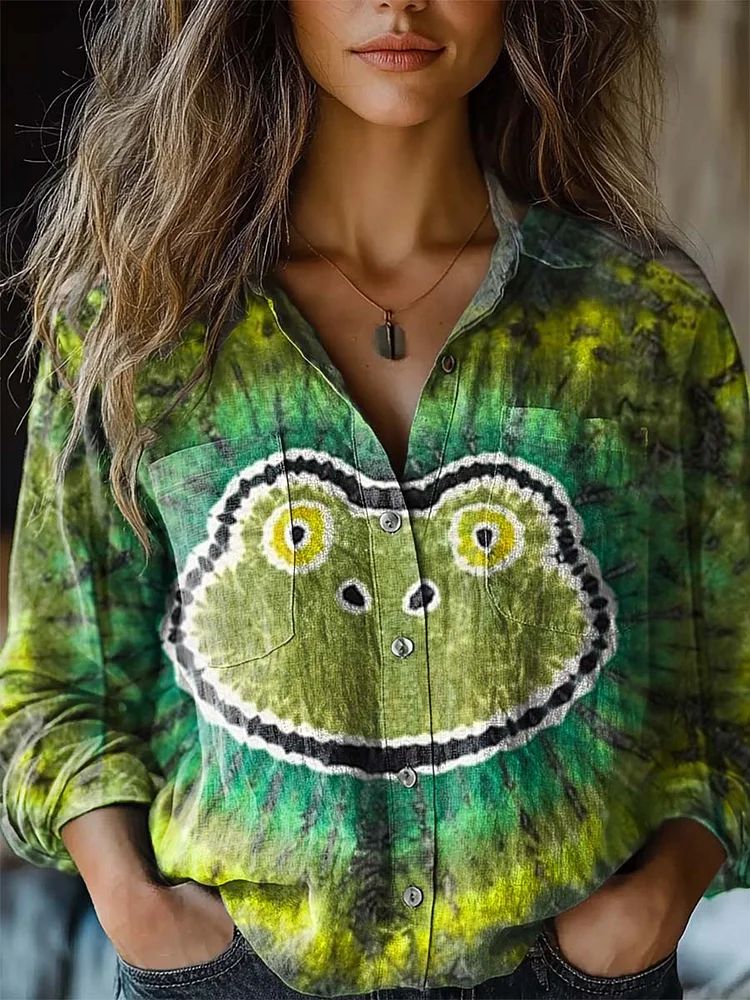 Women's Vintage Tie Dye Frog Print Casual Long Sleeve Comfortable Cotton Shirt