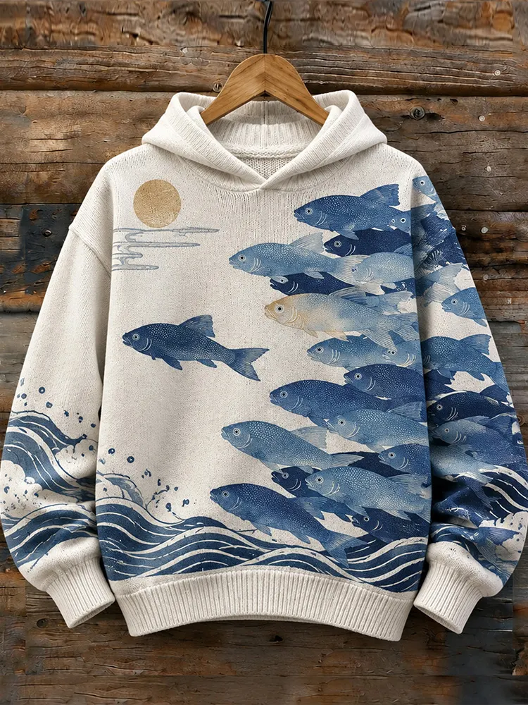 Comstylish Vintage Japanese Ukiyo-e School Of Fish Ocean Wave Hooded Sweater