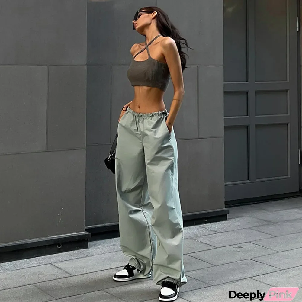 Drawstring Waist Casual Cargo Pants Ladies Street Fashion Trend Ladies Simple Loose Trousers