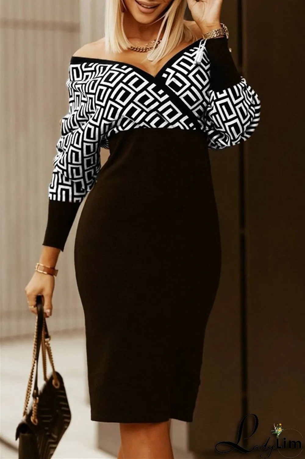 Black White Fashion Casual Print Patchwork V Neck Long Sleeve Dresses