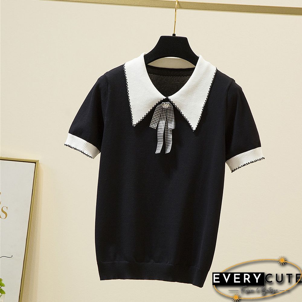 Korean Fashion Bow Women T Shirt Turn-Down Collar Knitted Tee Shirt Female Summer Short Sleeve Sweet Style Tshirt Woman Clothes