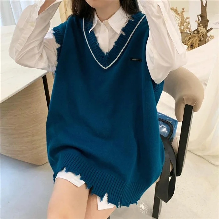 Women Sweater Vest V-neck Pullover Fur-lined Design Leisure All-match Patchwork Students Preppy Style Trendy Chic Tops Ulzzang