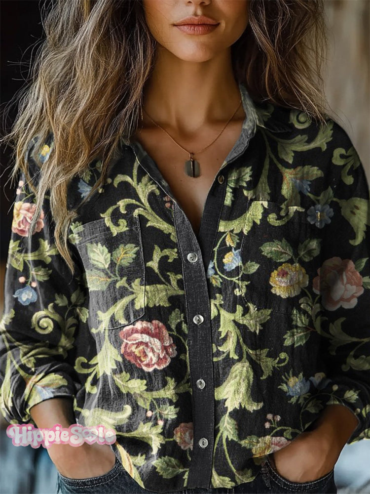 Vintage Garden Floral And Vine Pattern Printed Women’s Casual Long Sleeve Comfortable Cotton